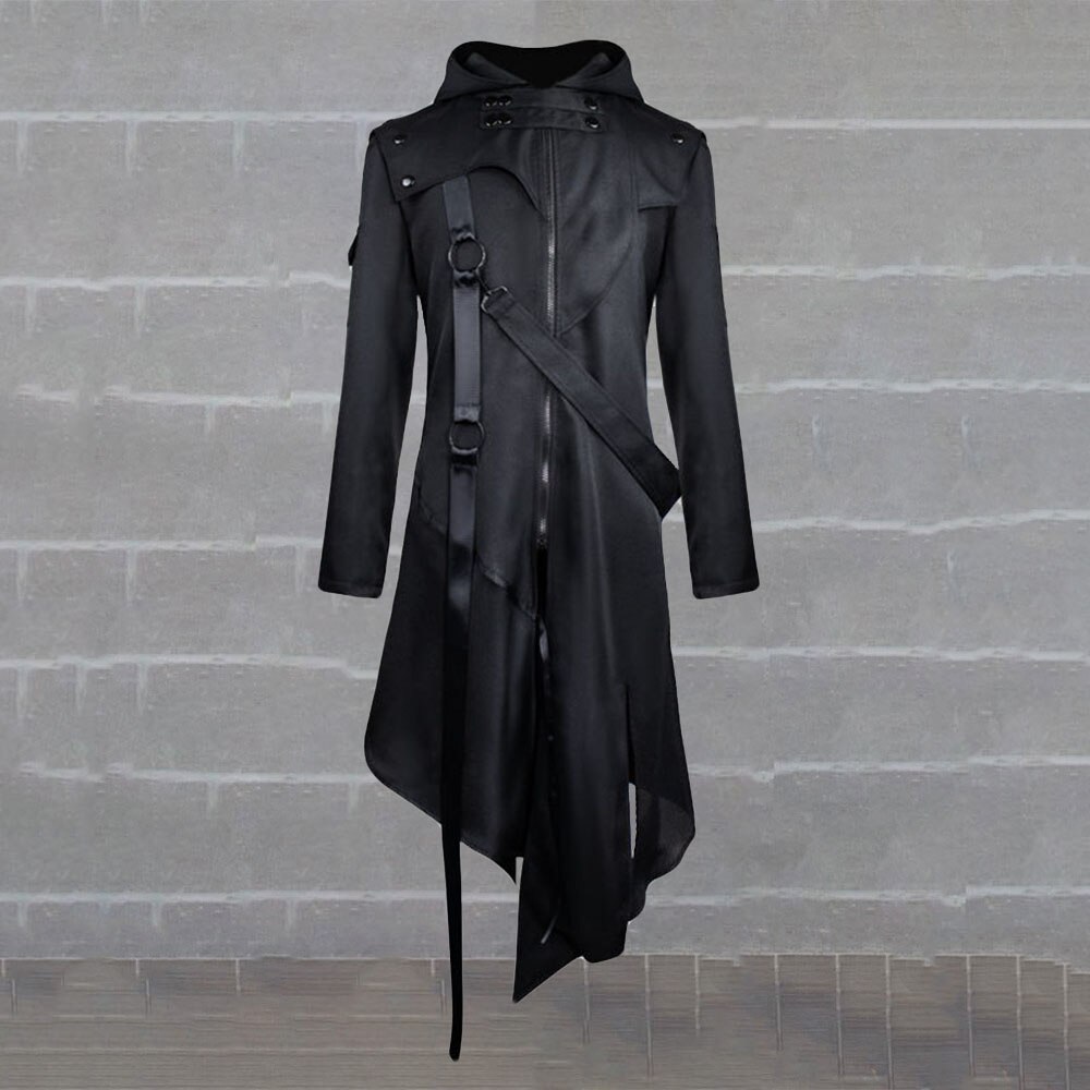 Gabardina larga para hombre, abrigo gótico negro, asimétrico, ajustado, con correa, con capucha, prendas de vestir exteriores, de otoño y otoño