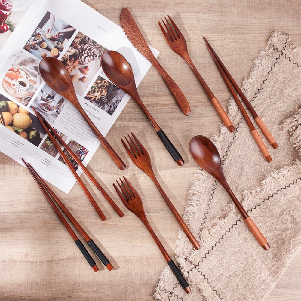 Chinese Tableware Set Wooden Spoon Fork Chopsticks Portable Easy to Clean Travel Dinnerware Suit
