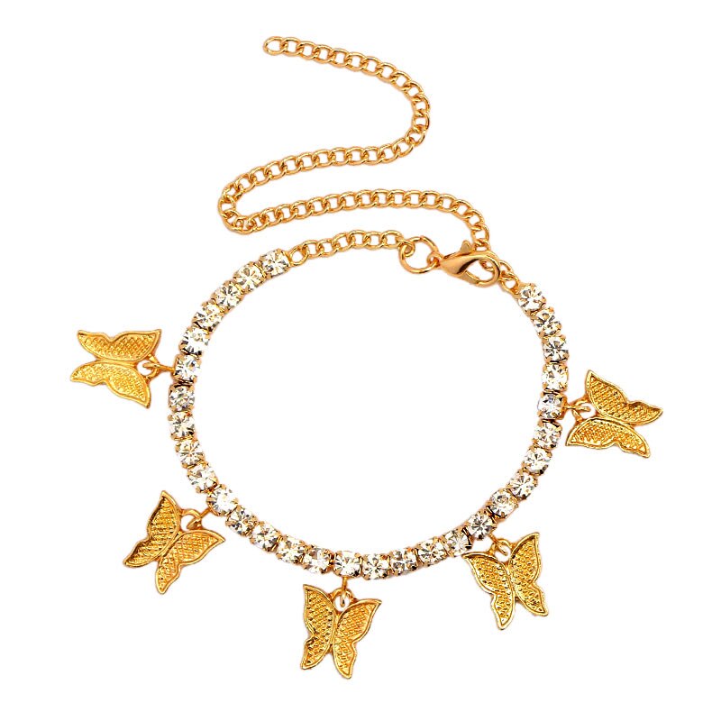Gold Silver Color Rhinestone Tennis Anklet Jewelry for Women Crystal Butterfly Pendant Anklet Beach Foot Chain: 001901GD