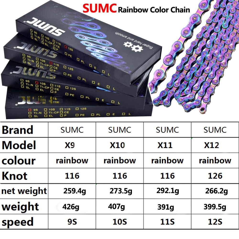 Sumc mtb rainbow chain mountainbike racefiets vouwfiets 9 10 11 12 speed ketting compatibel met shimano, sram tandwiel
