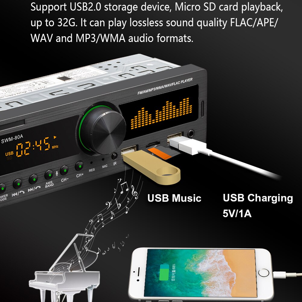 1Din autoradio Multimedia vivavoce lettore MP3 FM AM Audio 12V ingresso USB/SD/AUX nel localizzatore di trattini unità principale Stereo automatica