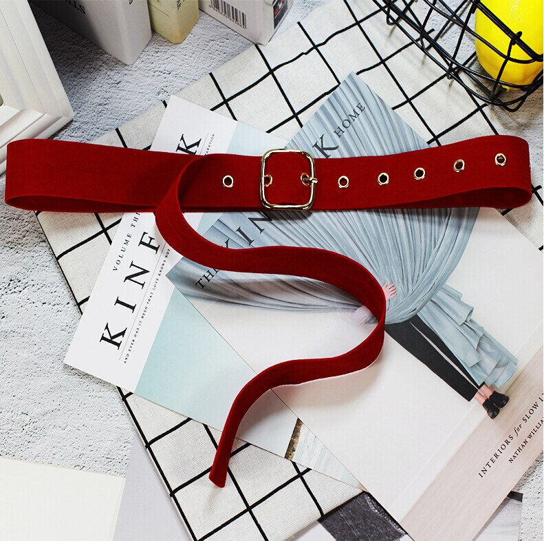 Cinturón ancho de mujer para vestido, cinturón de terciopelo suave para mujer, moderno, Retro, plateado, Hebilla de Metal: Rojo
