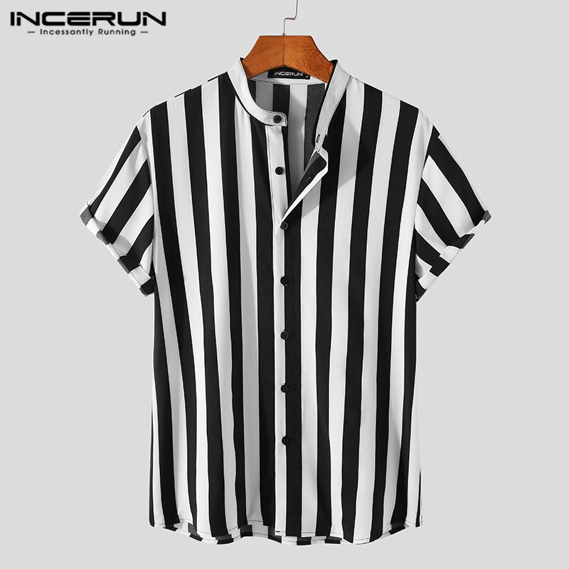 Men Striped Shirt Brand Stand Collar Streetwear Short Sleeve Button Casual Camisas Summer Men Clothing INCERUN S-5XL