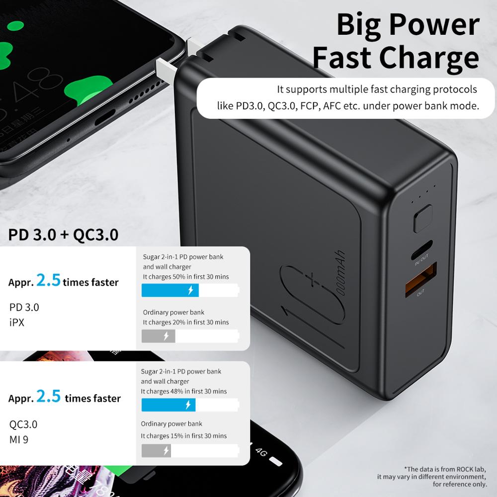 ROCK 18W PD Fast Power Bank 10000mah EU Foldable 2 in 1 PD 3.0 QC 3.0 USB Type C Charger Charging Powerbank External Battery