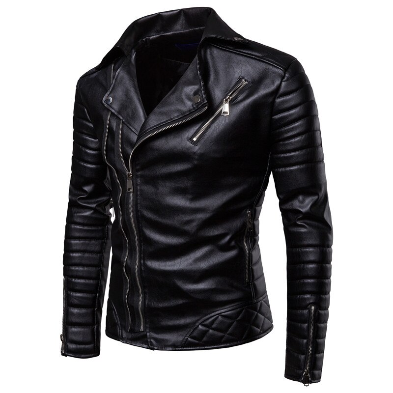 Obique Zipper Motorcycle Leather Jacket Men Stylish Striped Winter Windproof Casaco Masculino PU Leather Jackets Coats Mens: black / L