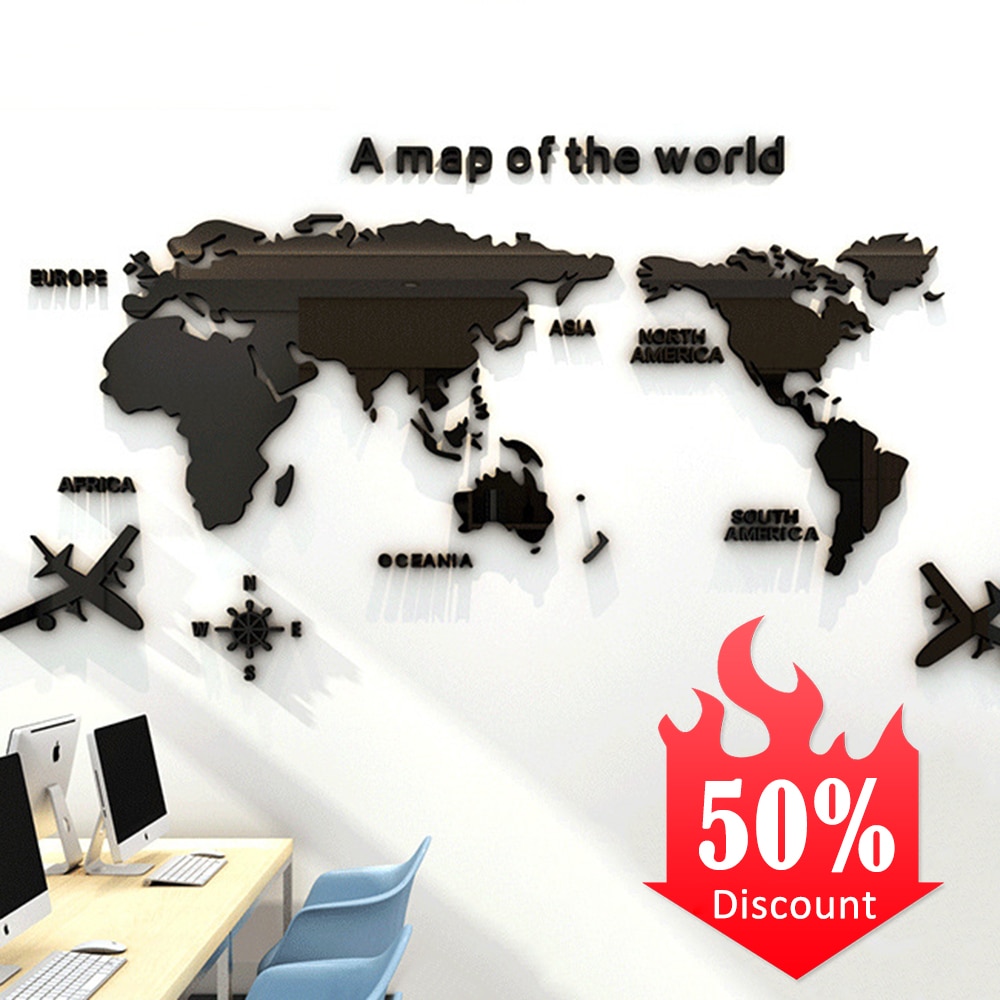 Verdenskort tapet akryl wallsticker kontor stue indretning baggrund virksomhed enterprise sticker 3d stereo wall sticker