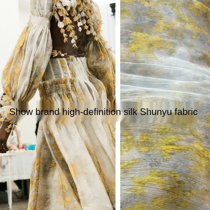 European and American Brand Digital Printing Silk Shunyu Linen Dreamy Yellow Small Flower Advanced Clothing Fabric