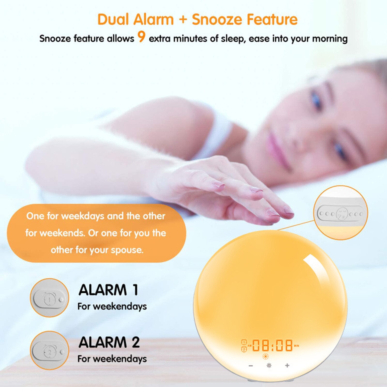 Wake Up Light Zonsopgang Simulatie Snooze Wekker Voor Volwassenen Kinderen 4 Alarm Keer Opties/9 Ringtones En fm Radio