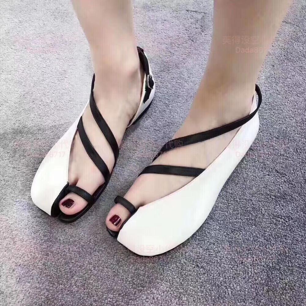 Newest Split toe sandals women leather flip flops cross-tied hollow roman flat summer shoes