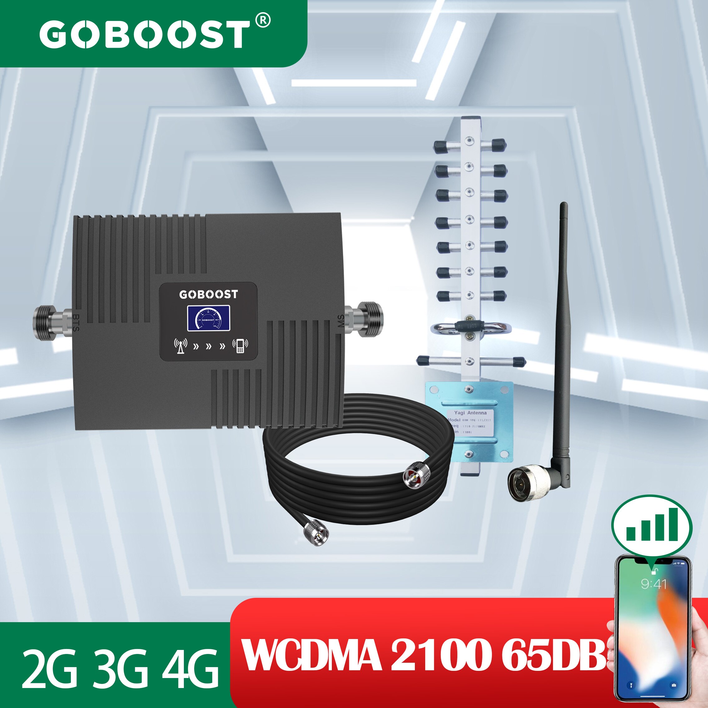 GOBOOST Amplifier 4G WCDMA 2100MHz Cellular Signal Booster Network Repeater 65DB Display Cell Phone Antenna Cable a Set for Home