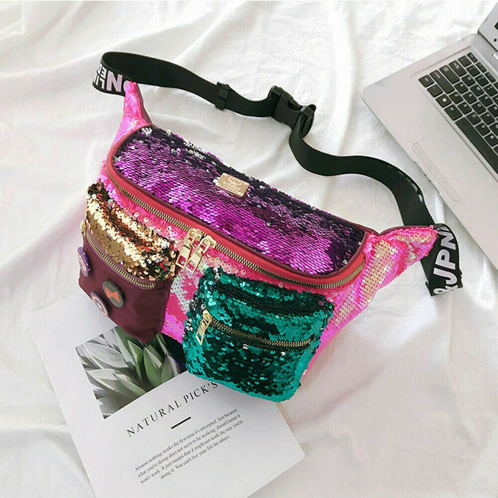 large capacity waist bag women's fanny pack sequin leather chest bag leisure travel pochete: Hot Pink