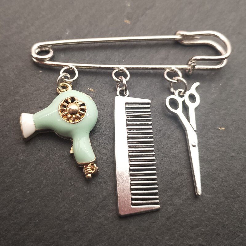 Broche créative pour coiffeur, breloque, personnalité, bijoux, ciseaux de coiffure, peigne pendentif, broche de lavage et de coupe,: blue