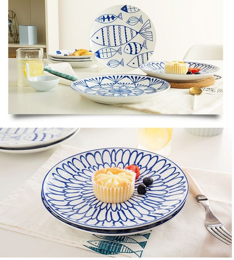 Blå og hvid keramisk salattallerken frugtbøf tallerken porcelænsservice rund western madbakke dessertretter