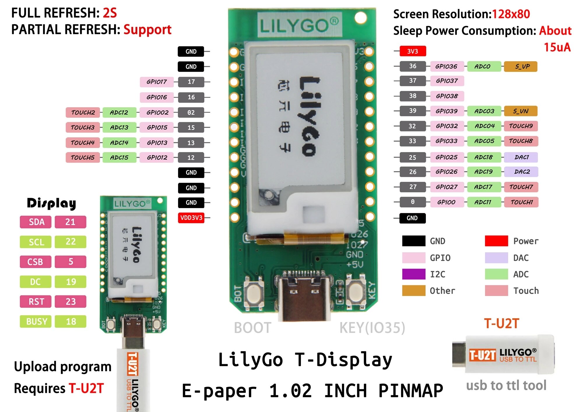 LILYGO® T-Dispay E-paper 1.02 inch Adapt to T-U2T USB To TTL Automatic Downloader