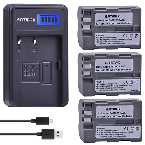 Batmax EN-EL3E es EL3E Cámara Paquete de batería + cargador USB con LCD para Nikon D90 D80 D300 D300s D700 D200 D70 D50 D70s D100 cámaras: 3 Battery set