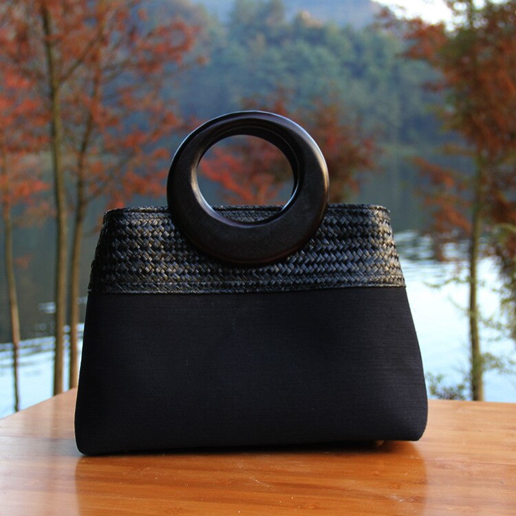 22 Stijl Strozak Rotan Houten Handvat Retro Geweven Zak Emmer Zak Grote Strand Tas: C079 black