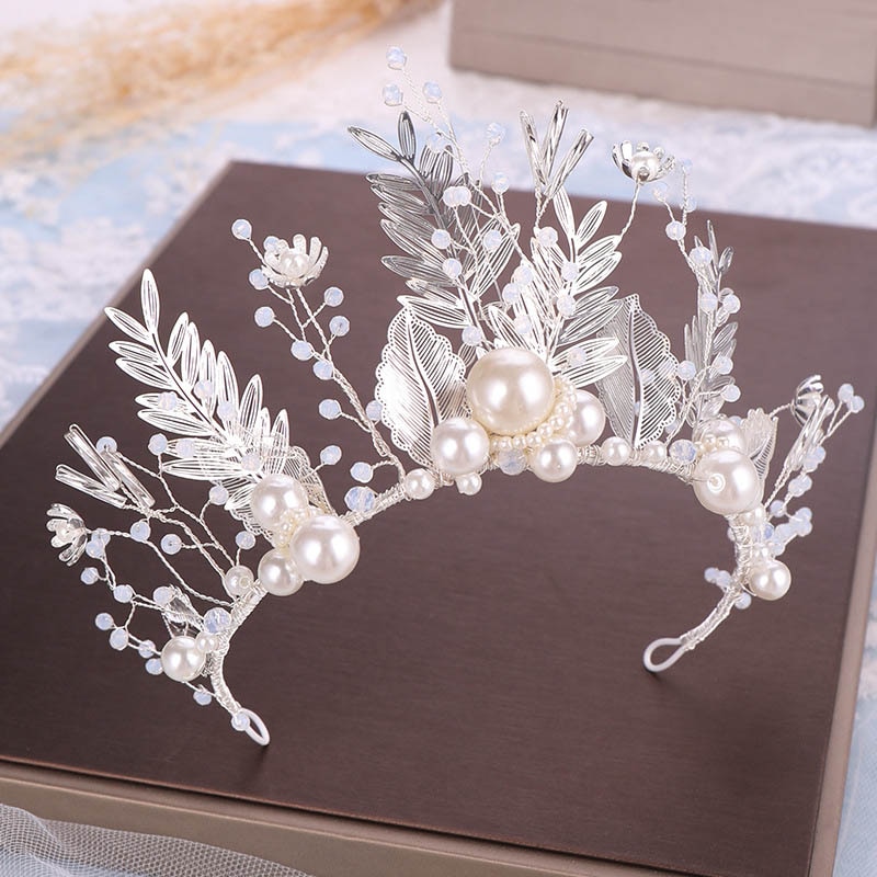 GETNOIVAS Silver Color Leaf Pearl Crystal Tiara Crown Headpiece Earrings Set Women Jewelry Wedding Hair Piece Hair Accessorie SL