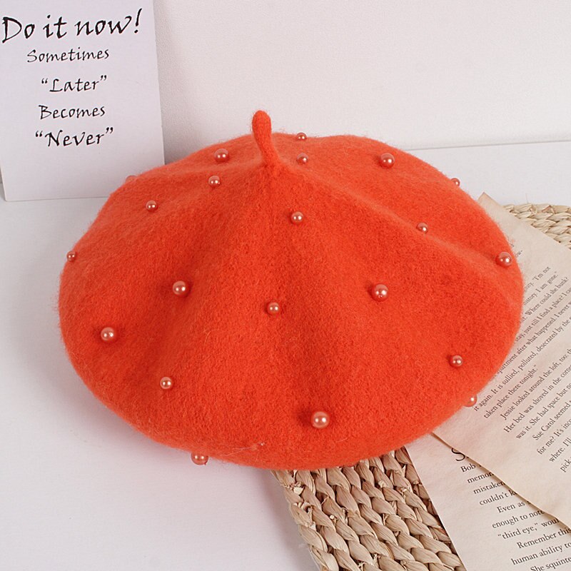 Crianças da criança menina boina de lã chapéu outono inverno quente clássico estilo francês frisado pérola gorro boné moda infantil para 2-8y: A