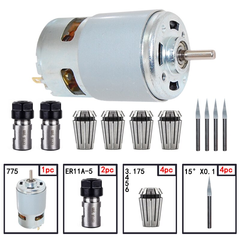 1Pc 775 Dc Motor 12-36V Kogellager Spindel Motor ER11 5Mm Verlengstuk Vleesmes cnc ER11 Spring Collet Chuck Motor Set: 7