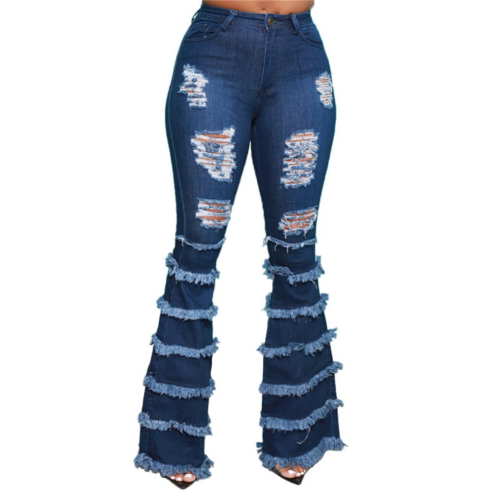 Plus Size Jeans Women Denim Pants Ripped High Waist Bottom Tassel Boyfriend Streetwear Birthday Outfits