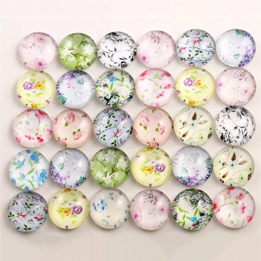 50pcs 12mm Mixed Flower Word Map Handmade Photo Glass Cabochons Pattern Domed Jewelry Accessories Supplie