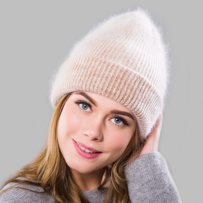 Vinter kvinders angola uld strikket hat varm uld beanie udendørs sport toppede cap uld cap: Khaki