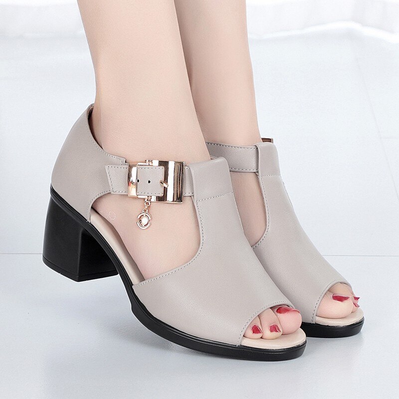 Summer style fish mouth casual ladies solid color thick heel buckle sandals sandalias mujer: Gray / 8