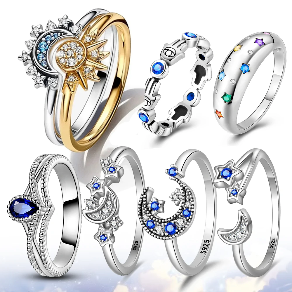 Original Sterling Silver 925 Ring Star and Moon Combination Series Rope Double Layer Ring Women's Wedding Engagement Ring