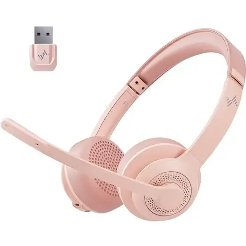 JIAMQISHI Wireless Headset with Mic for Work Bluetooth V5.2 Headphones with AI Noise Cancelling Mic USB Dongle for Laptop,PC: Pink