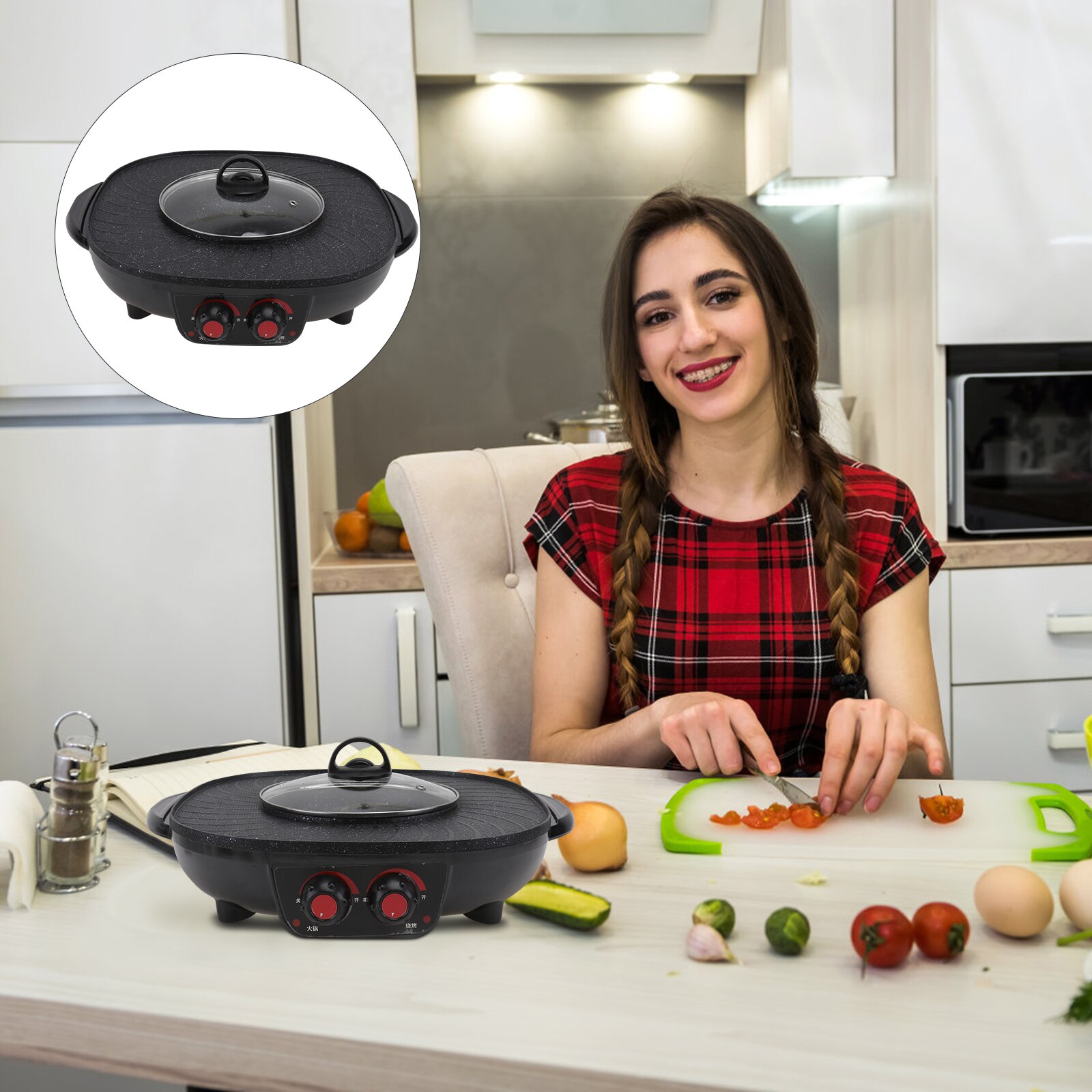 1pc Electric Pot Nonstick Double Control Multifunctional Cooking Pots Shabu Machine for Restaurant Kitchen