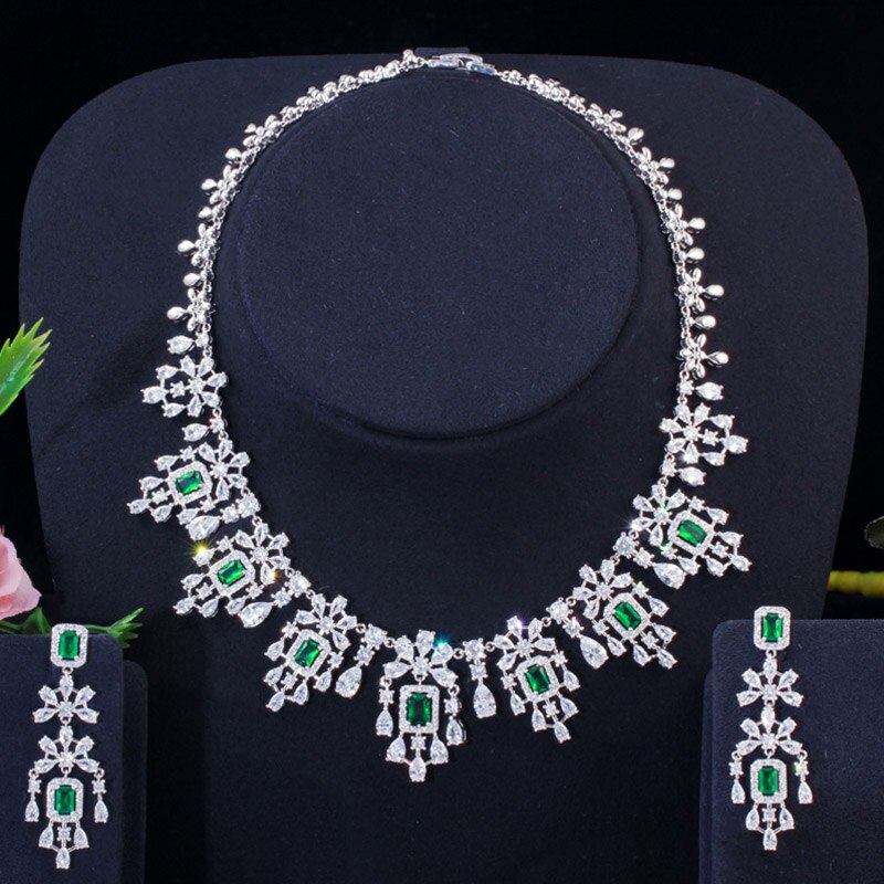 Beakeen-boucles d'oreilles et colliers en zircone cubique vert, grands ensembles de bijoux de mariée de dubaï, accessoires de mariage, JS207: Green