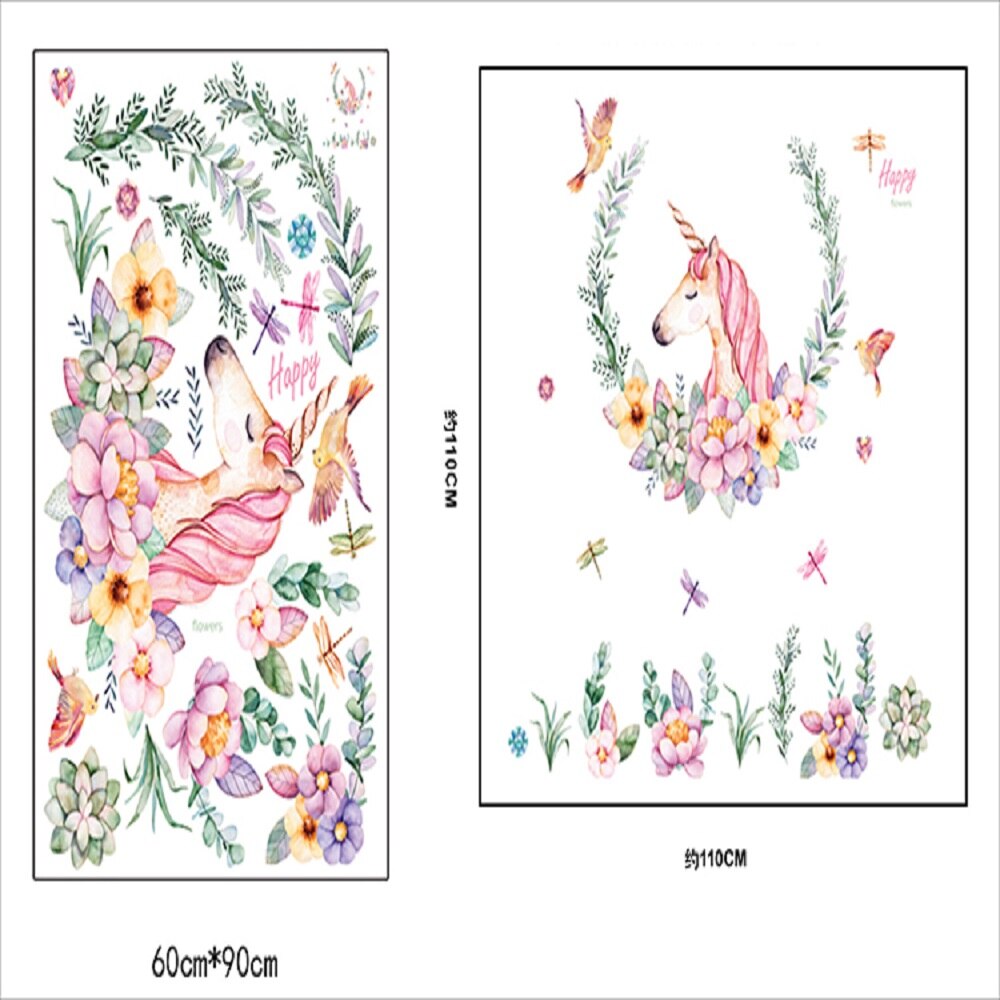 Cartoon Unicorn Petal Birds large Wall Stickers animal Home Decor living room Bedroom Art decals wallpaper