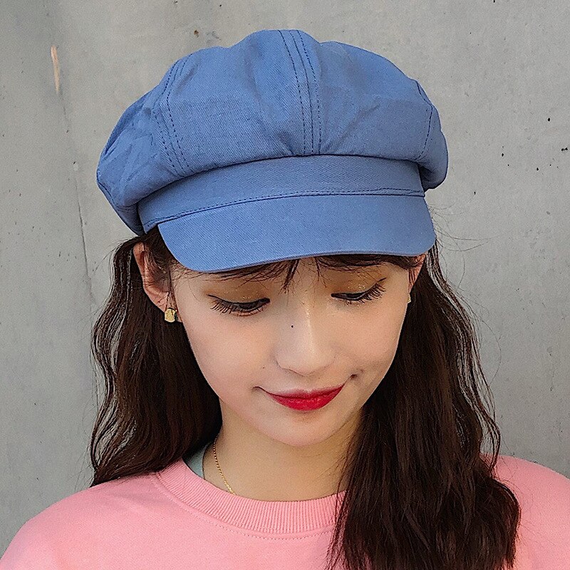 Kvinnlig platt basker vår höst tunn sektion söt åttakantig hatt söt shopping resor vild hatt målare hatt kvinnor tidningspojke keps: Blå