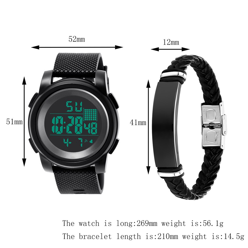 2 pçs de luxo masculino esportes à prova dwaterproof água eletrônico digital relógio pulso luminoso + pulseira jóias acessórios
