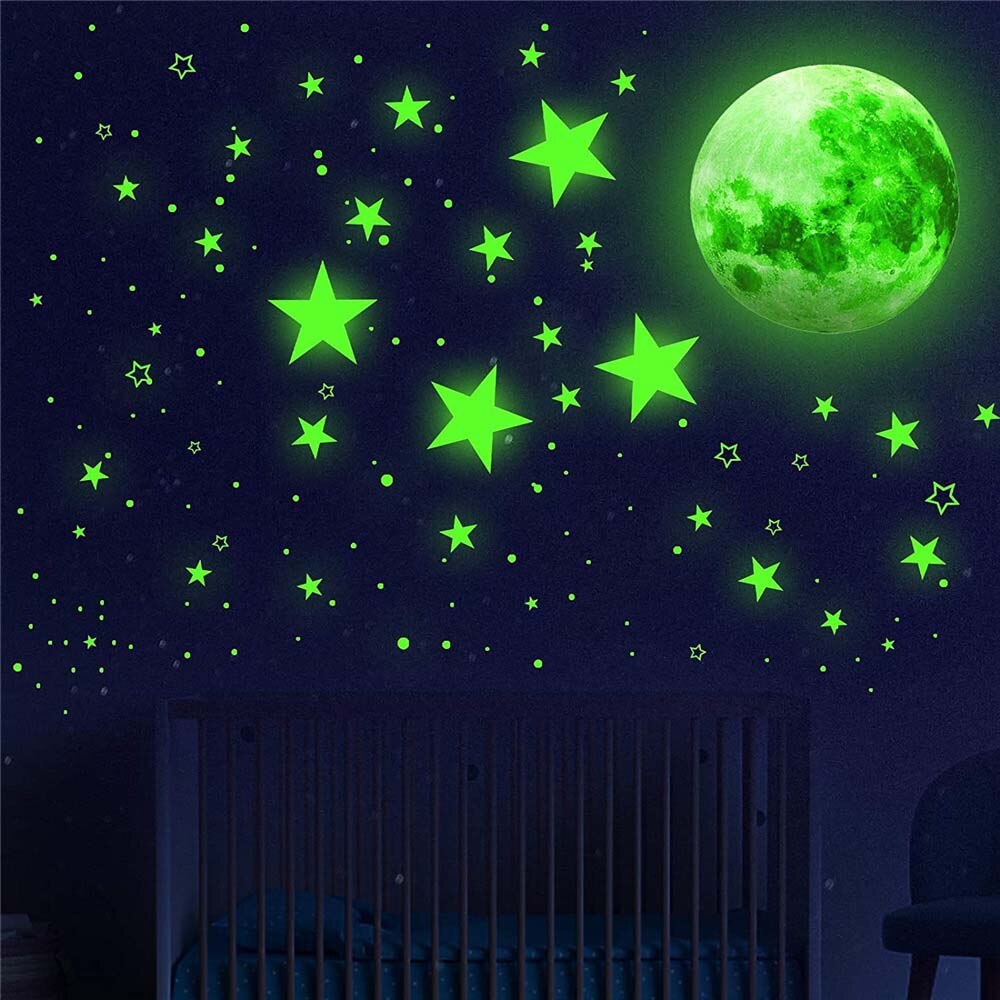 Maan Sterren Stippen Groene Lichtgevende Muursticker Glow In The Dark Kinderkamer Plafond Trappen Behang Fluorescerende Muurschildering Decals