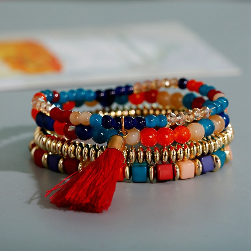 Pulseras de múltiples capas con abalorios bohemios para Mujer, brazaletes con borlas y cuentas de cubo étnico gitano