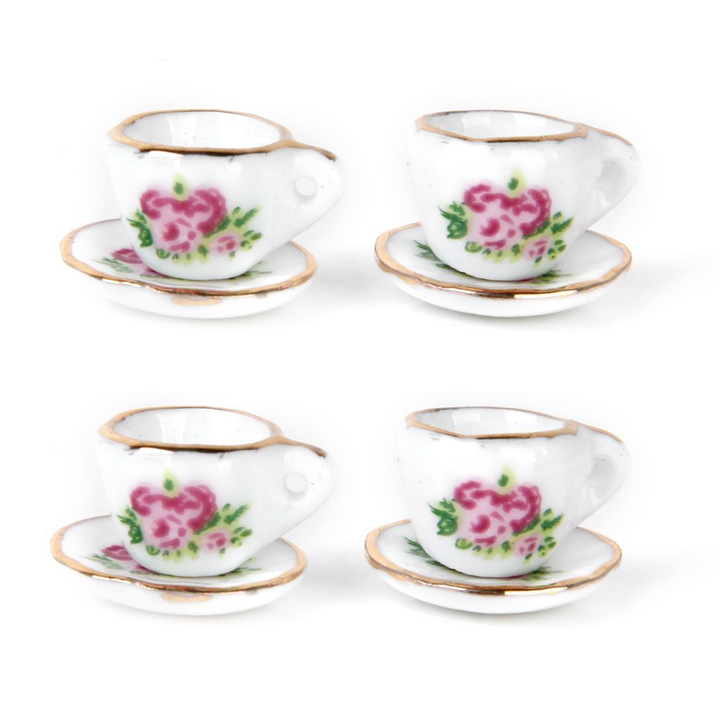 FBIL-15 pieces Porcelain tea set Dollhouse miniature foods Chinese rose dishes cup