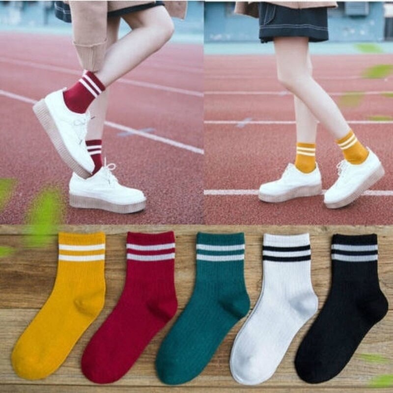 Calcetines a rayas de mezcla de algodón para mujer y niña, medias deportivas informales, suaves, tobilleras de Sport, para primavera y otoño