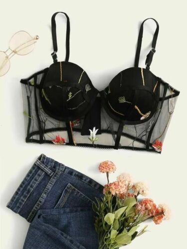 Sexy Vintage Lingerie Women Lace See-through Mesh Bone Floral Trim Bralette Crop Tops Push Up Bra Underwear Tanks: Black / M