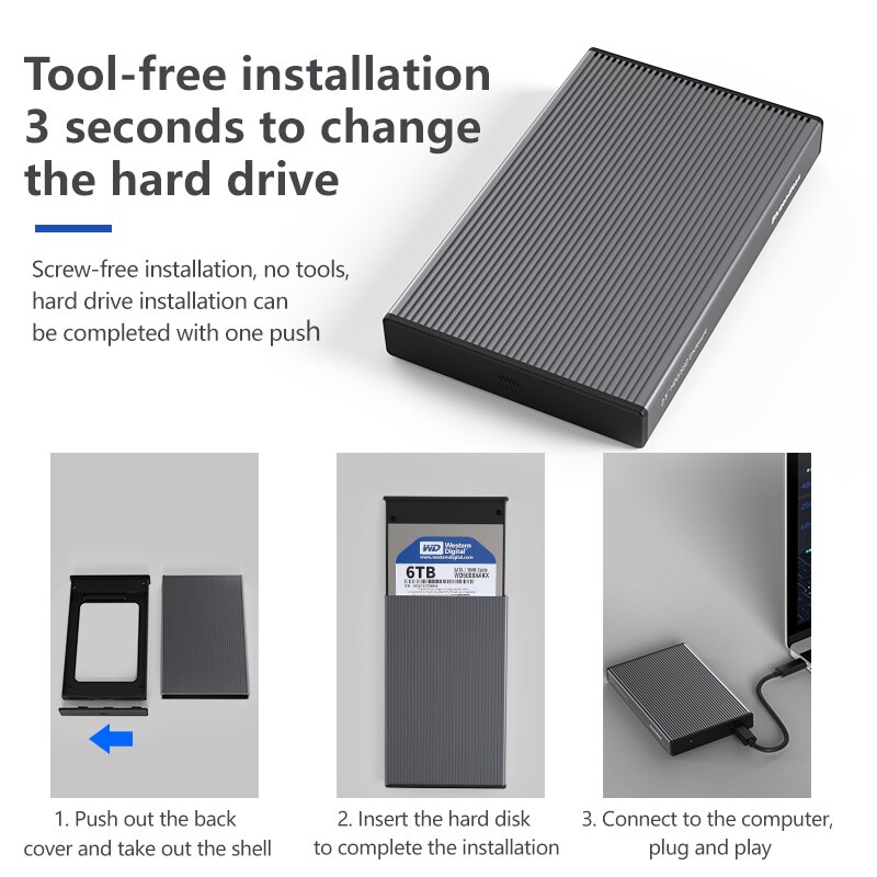 Aluminium hdd fodral 2.5 sata till usb 3.0 hårddisk fodral för ssd disk verktygsfritt typ  c 3.1 fodral extern hdd hölje