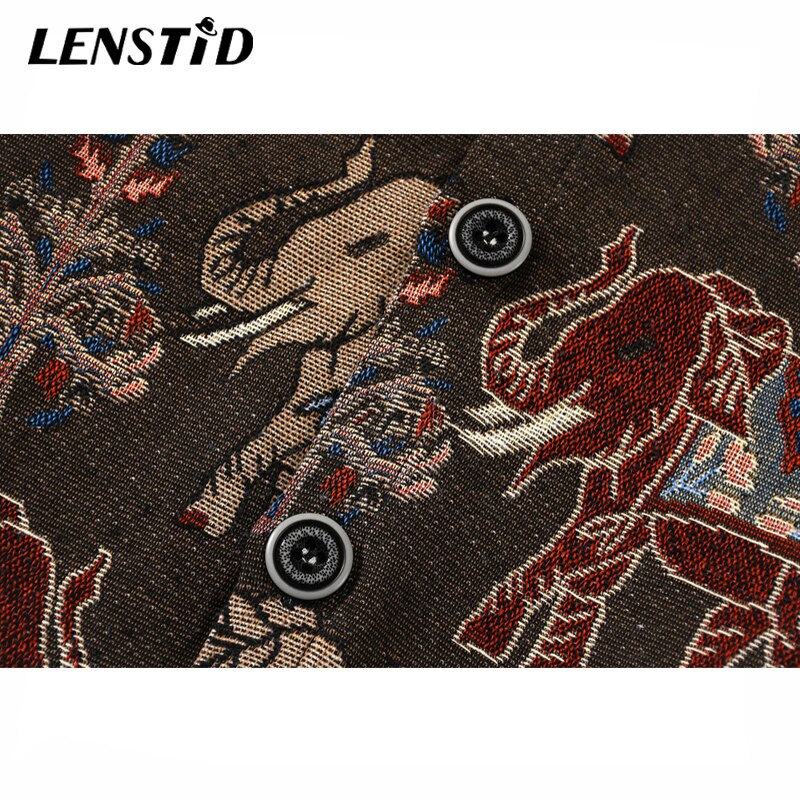 LENSTID Men Hip Hop Long Sleeve Knitted Shirt National Style Elephant Embroidery Harajuku Streetwear Vintage Casual Loose Shirts