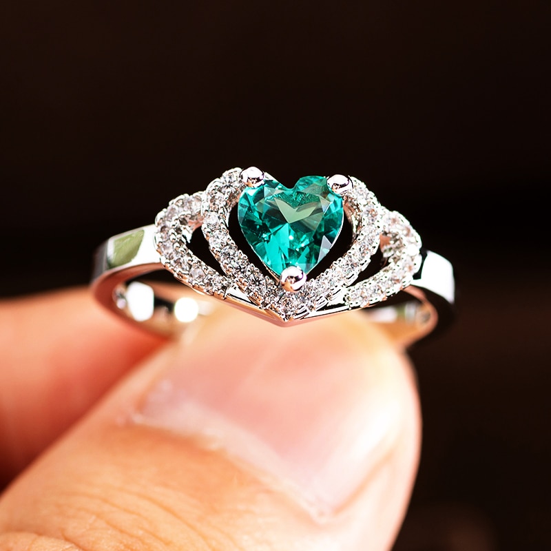 Crystal green zircon heart Shaped Wedding Rings For Women Rose Gold Engagement Rings Jewelry