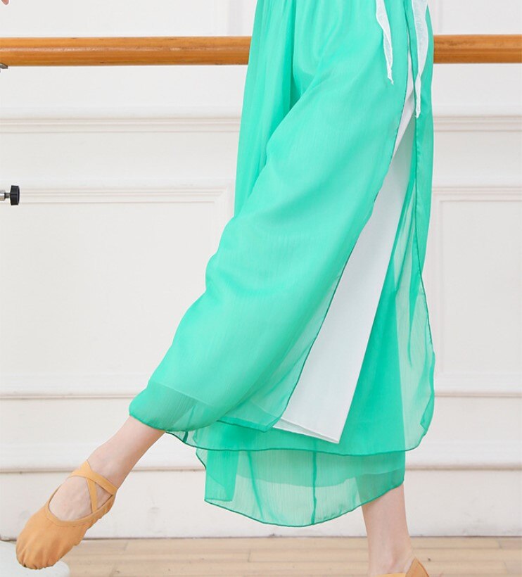 Pantalon Long léger avec fente latérale pour femme, sarouel ample à deux couches, couleur contrastée, tenue d'entraînement pour danseuse, rouge-blanc: Green
