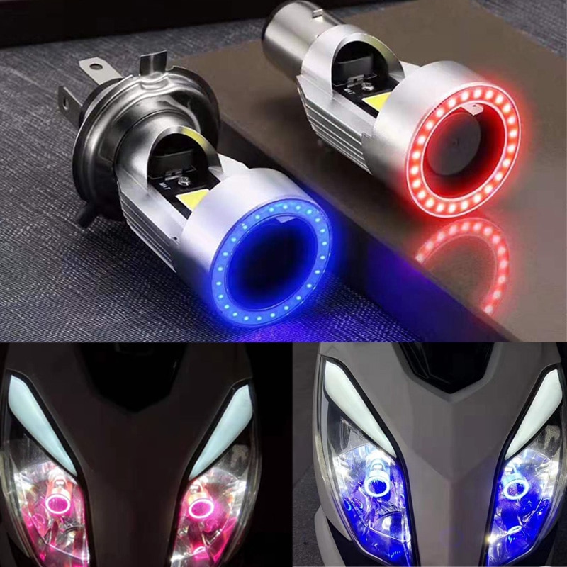 Bleu/rose Angel eye H4 LED phare de moto Ba20d HS1 H6 Scooter moto phare ampoule DRL accessoires 12/24V
