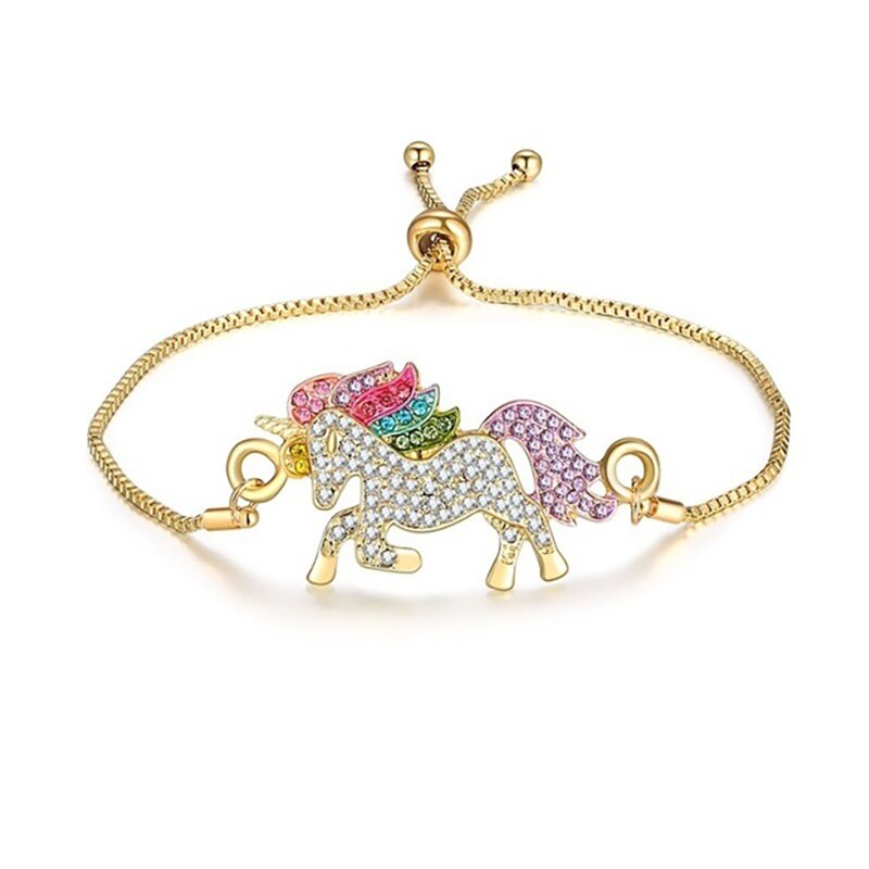 Lindo collar con unicornio de de dibujos animados caballo accesorios de joyería para niñas niños mujeres Animal colgante pulsera Set: Bracelet Gold