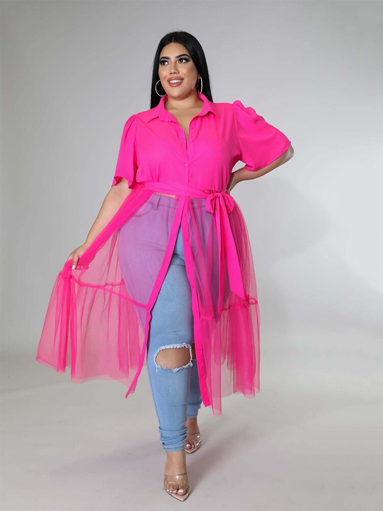 Vrouwen Kleding Plus Size Jurken Zomer Mesh Jurk Mode Elegante Grote Dame Chiffon Shirt Jurk Bulk: 5XL / Roze / 176
