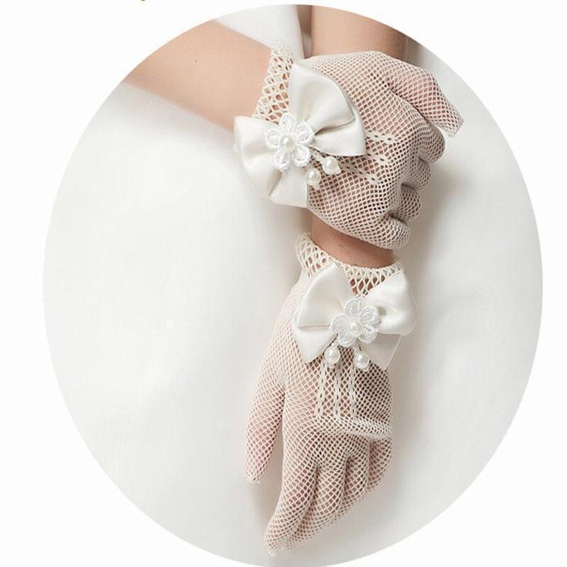 White Lace Faux Pearl Fishnet Gloves Communion Flower For 4-15 Years Girls Kids Bride Party Ceremony Accessories