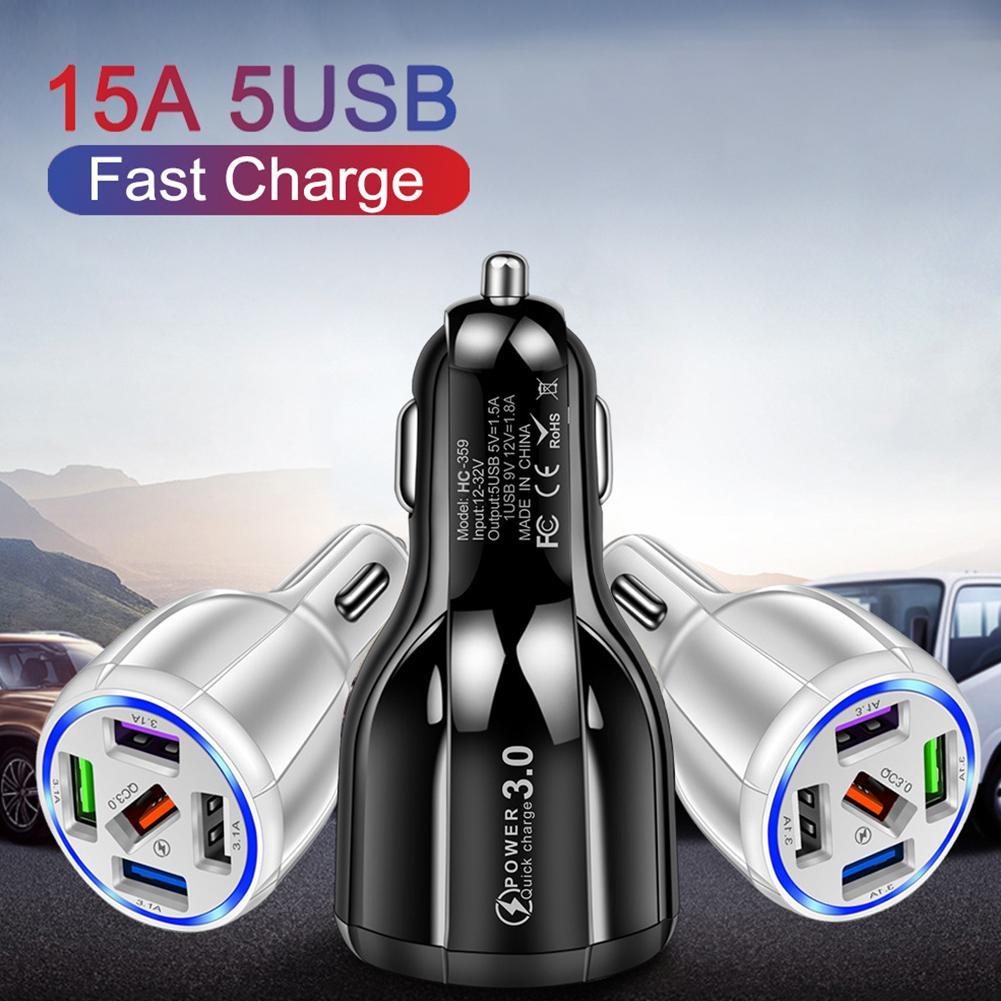 15A 5 Ports USB Car Charge Mini LED Fast Charging For iPhone 12 Xiaomi Huawei Mobile Phone Charger Adapter in Car Tablet