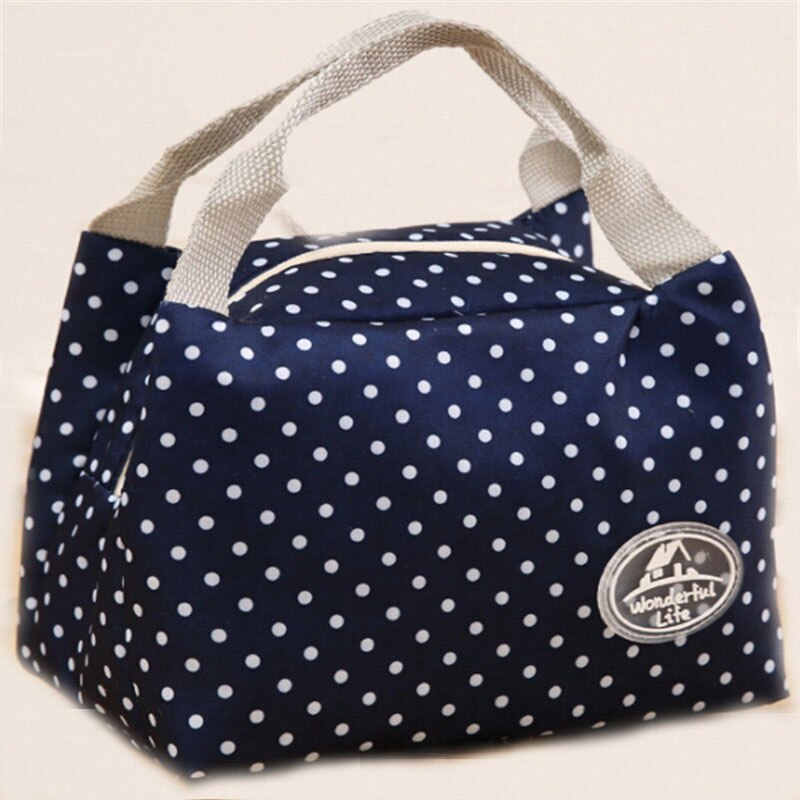 Newest Lunch Bag Insulated Cold Canvas Stripe Picnic Carry Case Thermal Portable Lunch Box Women Kids Men Lunch Box Bag Tote: deep blue dot