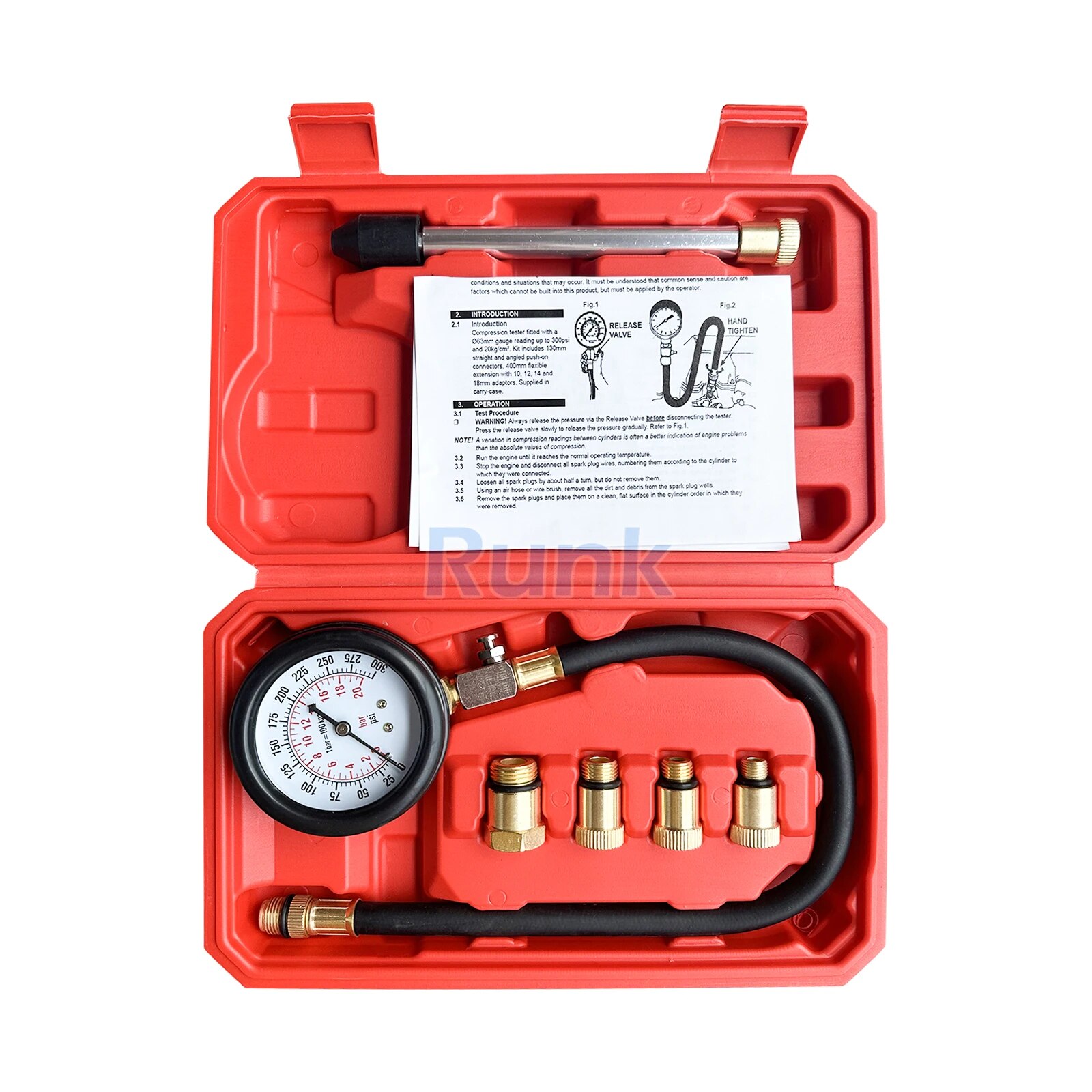 Upgrade Petrol Engine Compression Tester Kit 0-300 PSI Fuel Cylinder Pressure Gauge Tool Set for Car Motorcycles: Red